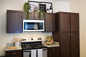 kitchen with brown cabinets
